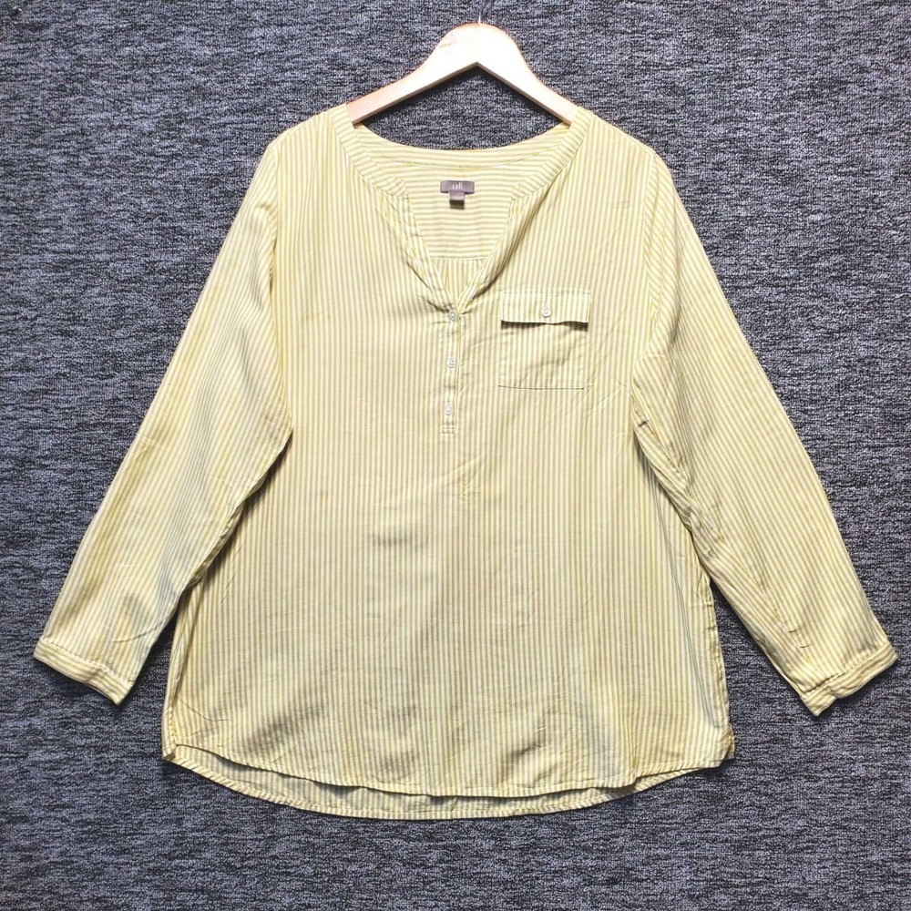 J Jill Top Womens Large L Yellow White Striped Cotton Split Neck Henley Tunic